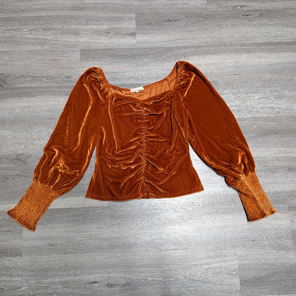 Burnt Orange Velvet Ruched Top Peasant Sleeve Blouse Size M Bohemian Coquette